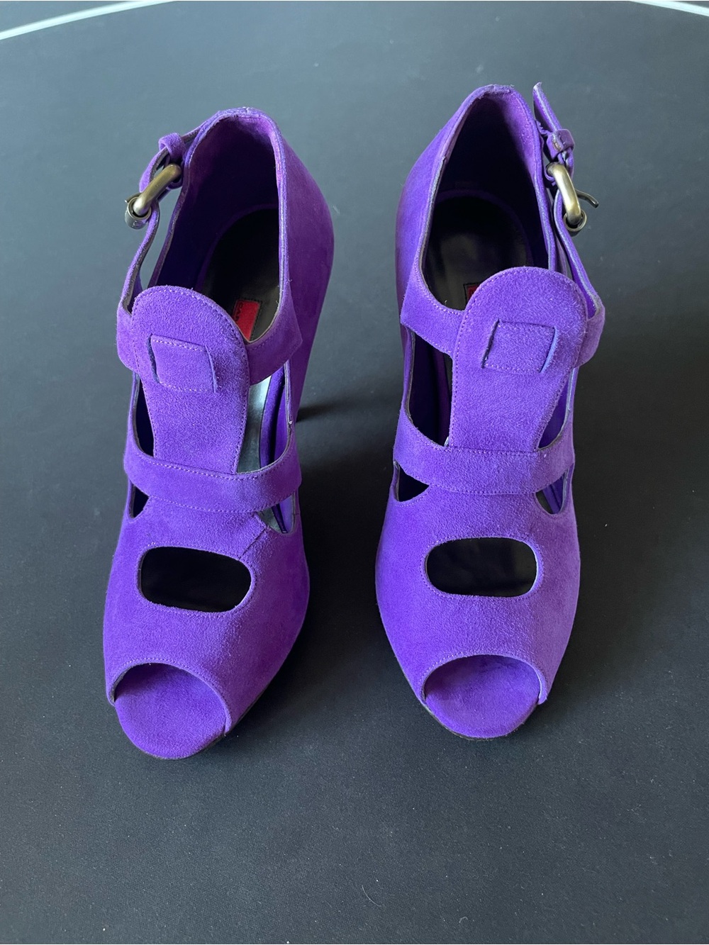 Carolina Herrera Purple Suede Cutout Peep-Toe Heels